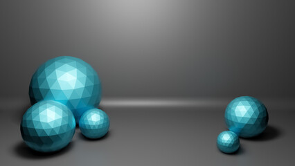 Group of turquoise low poly polygonal balls or spheres in realistic 3D studio interior with copy space for text