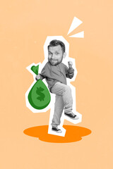Template picture collage of funky young guy raise fist up win in financial stock million...
