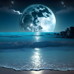 Naklejka na ściany i meble View of the beach at night with a big moon, generative ai