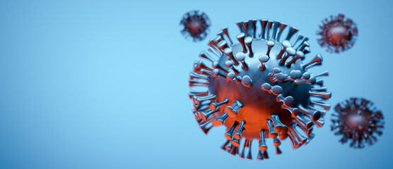 Illustration of a group of virus cells human metapneumovirus HMPV, visualization of a viral infection, blue red background with copy space for text