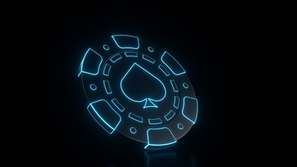 Modern, Futuristic Black And Blue Glowing Neon Lights Poker Chips With Spades - Playing Card Symbol Inside On Black Background - 3D Illustration