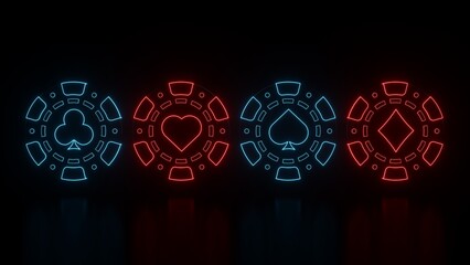 Modern, Futuristic Black And Red, Blue Glowing Neon Lights Poker Chips Display With Playing Card, Ace Symbols Inside On Black Background - 3D Illustration