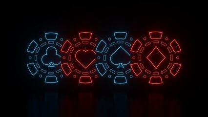 Modern, Futuristic Black And Red, Blue Glowing Neon Lights Poker Chips Display With Playing Card, Ace Symbols Inside On Black Background - 3D Illustration