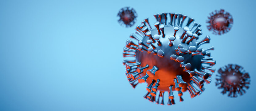 Illustration of a group of virus cells human metapneumovirus HMPV, visualization of a viral infection, blue red background with copy space for text