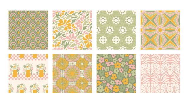 Seamless Pattern groovy boho collection 70s wall art flowers hippie kawaii 
