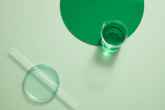 A Beaker Containing Green Liquid Decorated With A Round Green Plastic Board And A Glass Rod Put On Top Of A Petri Dish. Empty Space For Product Promotion. Copy Space