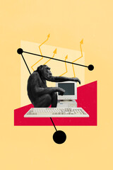 Image poster magazine collage of monkey working using pc computer feel stupid about company growth...