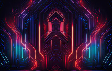 Fototapeta premium Futuristic cyperpunk neon staged banner background. Created with Generative AI technology.