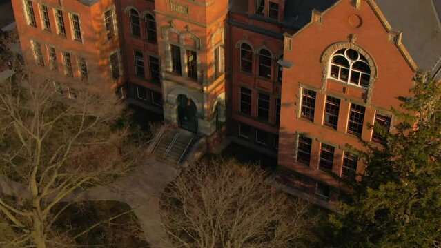 Drone footage of an old school in Wortley Village in London, Ontario, Canada