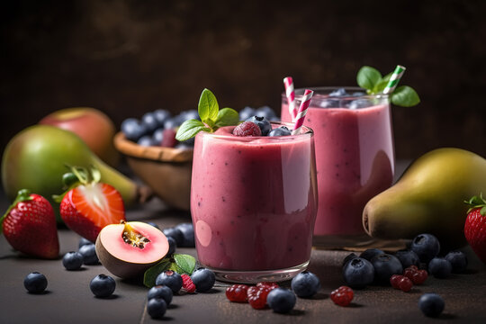 Fruit smoothie, berry refreshing vegan drink in glasses on a table with fruits. Generative AI