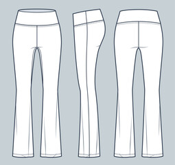 Flared Leggings technical fashion illustration, fashion design. Sports Leggings Pants fashion flat technical drawing template, front, side and back view, white, women, men, unisex CAD mockup set.