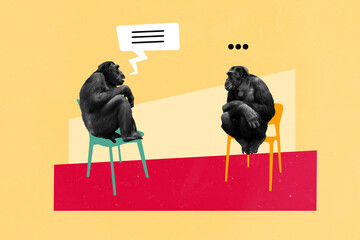 Creative collage of two funny gorillas dialogue sitting human chairs conversation about banana deals isolated on yellow background