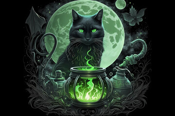 Witch cat brews a potion on a full moon at midnight. The witch is conjuring. AI generation