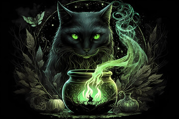 Witch cat brews a potion on a full moon at midnight. The witch is conjuring. AI generation - obrazy, fototapety, plakaty