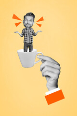 Vertical collage picture of black white gamma arm fingers hold coffee cup mini clueless minded guy...