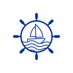 Logo Nautical. Timón de barco lineal con olas de mar y barco de vela