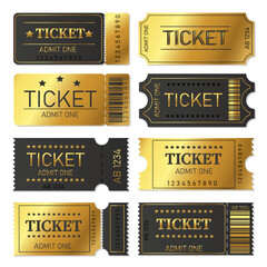Luxury golden ticket template set for cinema, theater, concert, play, party, event or festival. Premium paper admit one and ticket samples icons. Vector illustration