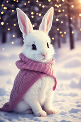 Portrait of a adorable bunny, funny and cute face closeup, wear a warming clothes in winter and ready for christmas. isolated on beautiful bokeh background, created with generative ai
