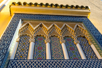Detail view of the decoration at the main entrance to the Royal Palace in Fez, Morocco
