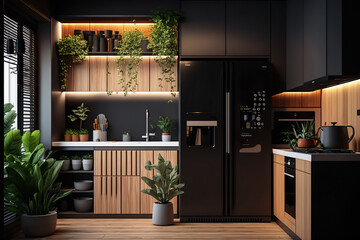 Fototapeta na wymiar Black Kitchen Interior And Wooden Panel With Bright Led Lights, Green Plants And Decoration - Generative AI