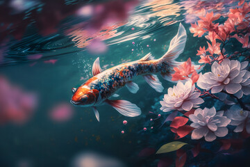 Obraz na płótnie Canvas Koi Fish Closeup Under Water With Cherry Blossom - Generative AI
