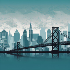 An illustration showing a city skyline with skyscrapers, bridges, and landmarks.