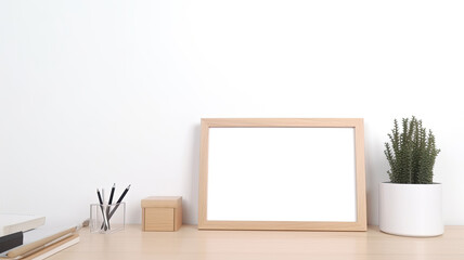 Mock up blank picture frame on wood desk table with white wall background. Generative AI