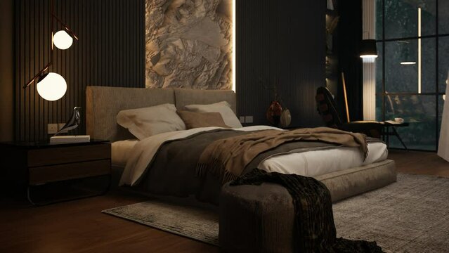 3D rendering animation Modern Dramatic Bedroom Interior With Double Bed. Garden View Through Window with raining. video 4K bedroom design