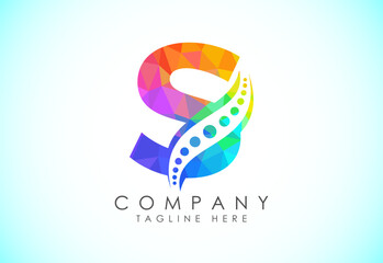 Polygonal S alphabet with chiropractic spine logo. Low poly style spinal care icon for business and company identity.