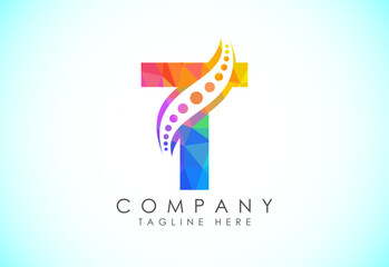 Fototapeta premium Polygonal T alphabet with chiropractic spine logo. Low poly style spinal care icon for business and company identity.