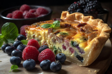 Quiche tart cake with blueberries, American breakfast. Ai generated.