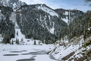 Alpine ranges around the frozen Gosausee, Austria