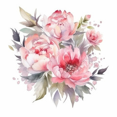 Elegant watercolor peony flower bouquet. Illustration AI Generative.