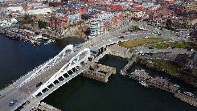 Aerial view of the Johnson Street Bridge of Victoria, British Columbia, Canada
