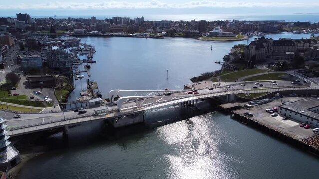 Aerial of the Johnson Street Bridge in Victoria, British Columbia, Canada.