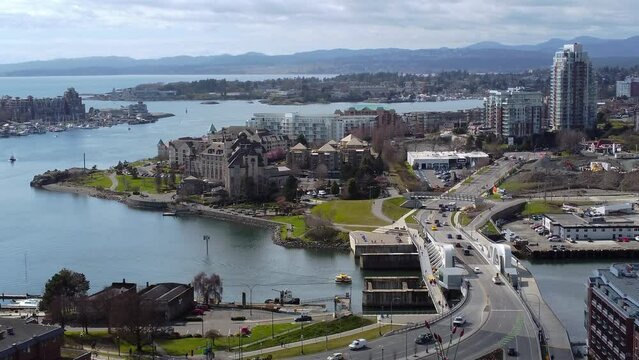 Aerial of the Johnson Street Bridge in Victoria, British Columbia, Canada.
