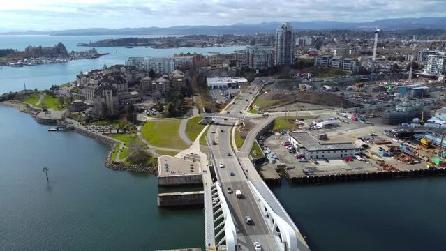 Aerial of the Johnson Street Bridge in Victoria, British Columbia, Canada.