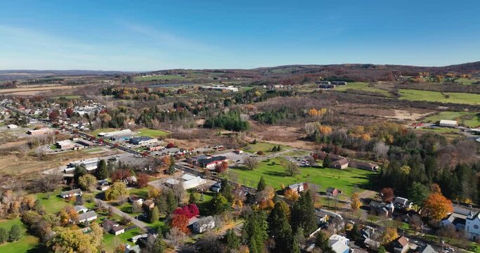 Afternoon fall, autumn aerial drone video of the area around Dryden New York, USA.