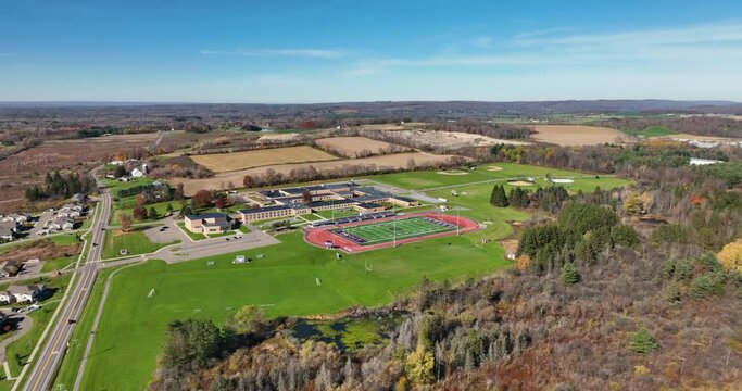 Afternoon fall, autumn aerial drone video of the area around Dryden New York, USA.