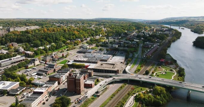 Early afternoon autumn aerial video of the City of Amsterdam NY, USA.
