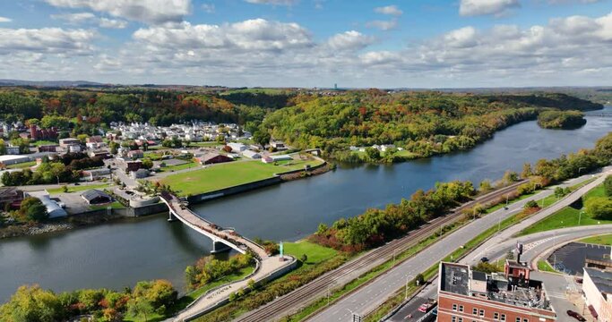 Early afternoon autumn aerial video of the City of Amsterdam NY, USA.