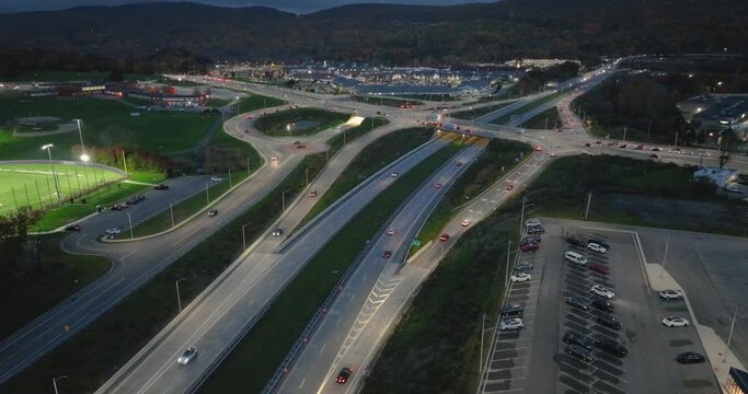 Aerial, drone, evening video of a diverging diamond interchange