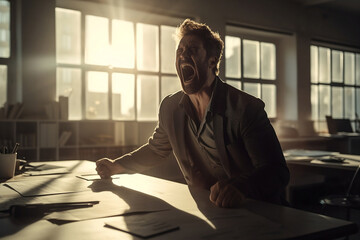 Man is furious shouting near window in office, man is screaming with painful expression almost crying with light flare background, generative ai