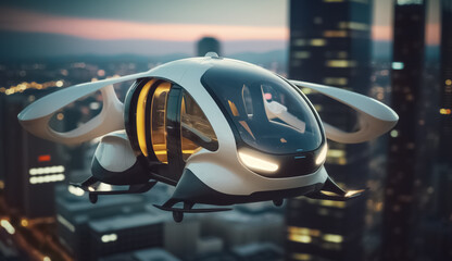 Fototapeta premium Passenger Autonomous Aerial Vehicle AAV. Future of urban air mobility. Urban Air Mobility. Public aerial transportation. Autonomous driverless aerial vehicle fly through night city. generative ai
