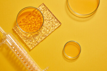 Flat lay of a test tube with spiral pipe inside and several petri dishes filled with orange liquid decorated on orange background. Copy space for text adding