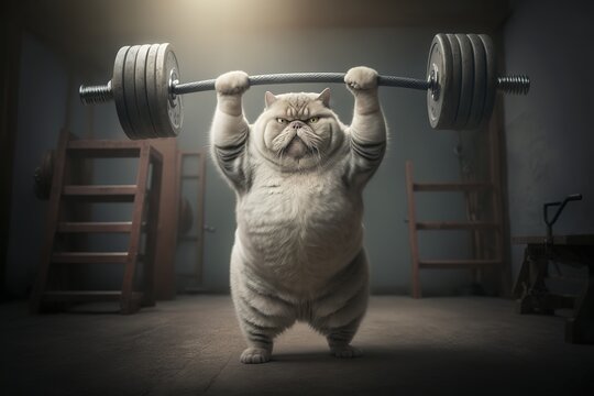 Starke Cartoon Gewichtheber-Katze - St&auml;mmiger Kater trainiert das Gewichtheben im Fitnessstudio