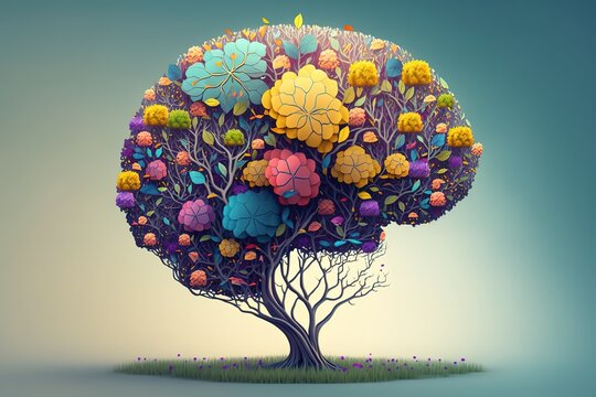 Menschliches Gehirn Baum mit Blumen.  Symbol für Selbstfürsorge und das psychische Gesundheit-Konzept - positives Denken und ein kreativer Geist