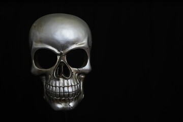 Closeup of the silver metal skull isolated on a black background with a copyspace on the right