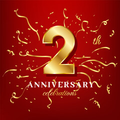 Fototapeta na wymiar 2 golden numbers and anniversary celebrating text with golden confetti spread on a red background