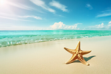 Summer beach with starfish. Shell on sand and summer time. Summer background of beach with shells on sand and summer sunny day. generative ai

